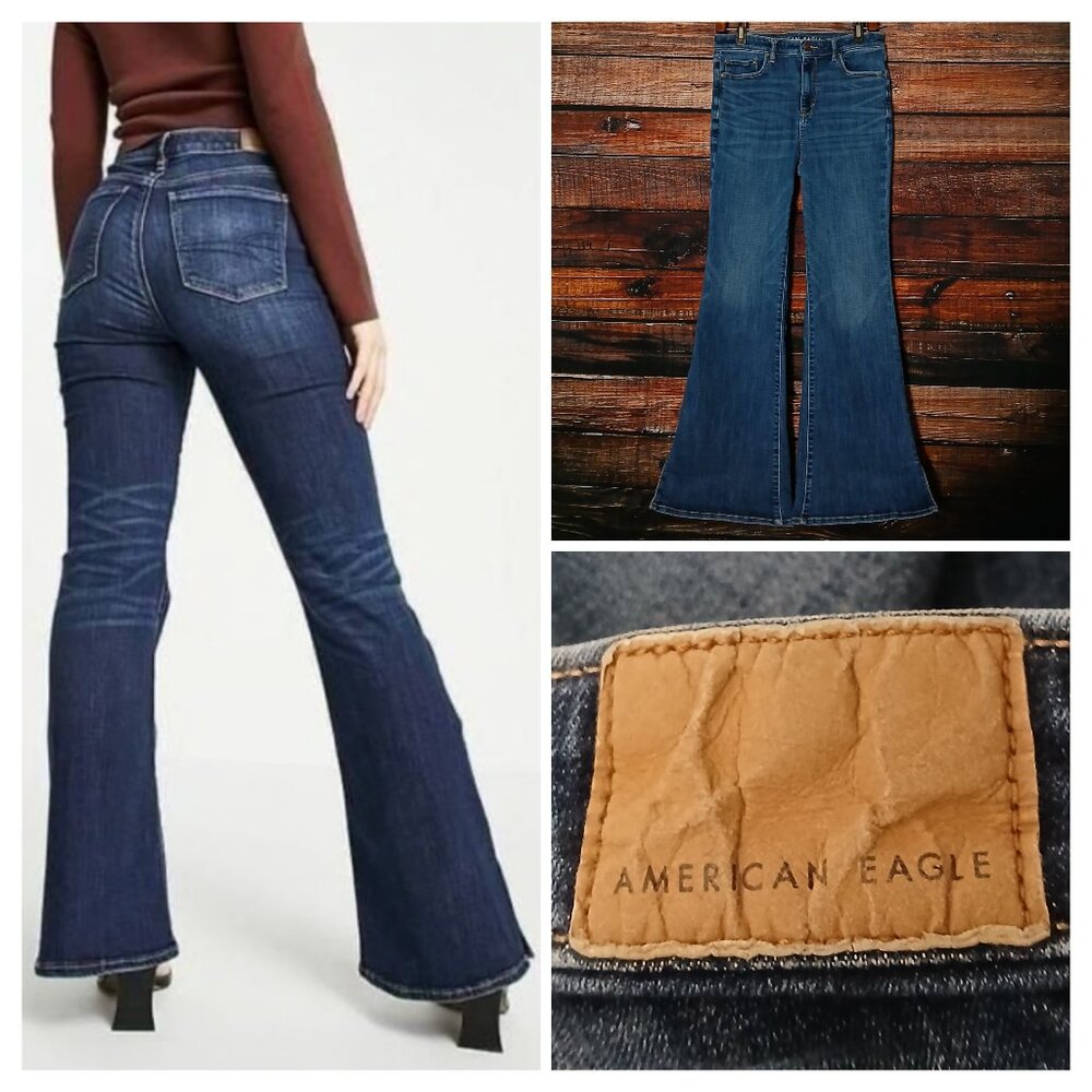 American Eagle Jeans 10 Super High Rise Slit Flare Blue Denim Stretch